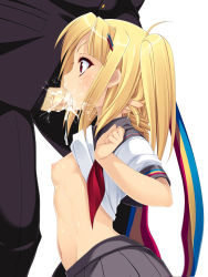 Rule 34 | 1boy, 1girl, arched back, arms up, beatmania, beatmania iidx, belly, blonde hair, blush, breasts, clothes lift, cum, cum in mouth, fellatio, from side, grabbing another&#039;s hair, hair ornament, hairclip, hand on another&#039;s head, head grab, hetero, irrumatio, kinoshita ichi, kneeling, long hair, navel, nipples, no bra, oral, penis, petite, pleated skirt, profile, red eyes, school uniform, serafuku, shirt lift, simple background, skirt, small breasts, solo focus, source request, sweat, third-party edit, twintails, two side up, uncensored, white background, xiatian (beatmania iidx)