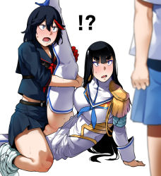 Rule 34 | !?, 3girls, arm support, bakkanki, black hair, black serafuku, black shirt, black skirt, blurry, blurry foreground, clothed sex, depth of field, dress, epaulettes, incest, junketsu, kill la kill, kiryuuin satsuki, leg lift, long hair, looking at another, mankanshoku mako, matoi ryuuko, miniskirt, mixed-language commentary, multicolored hair, multiple girls, no panties, open mouth, pussy, red hair, revision, school uniform, senketsu, serafuku, shirt, short hair, siblings, simple background, sisters, skirt, streaked hair, surprised, suspender skirt, suspenders, sweat, thighhighs, tribadism, two-tone hair, white background, white dress, white footwear, yuri