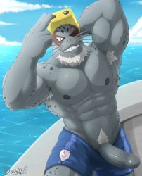 Rule 34 | 1boy, abs, bara, bare pectorals, beard, blue male swimwear, boku no hero academia, erection, facial hair, fins, fish boy, furry, furry male, grin, highres, large pectorals, male focus, male pubic hair, male swimwear, mature male, muscular, muscular male, navel, nipples, one eye closed, pectorals, penis, pubic hair, salute, selkie (boku no hero academia), smile, solo, stomach, swim briefs, thick thighs, thighs, uncensored, whiskers