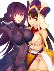Rule 34 | 2girls, :d, arm behind head, armor, bodysuit, breasts, brown hair, cleavage, covered navel, fate/grand order, fate (series), hat, large breasts, long hair, looking at viewer, multiple girls, nichiru, open mouth, purple bodysuit, purple eyes, purple hair, revealing clothes, scathach (fate), scathach (fate), shoulder armor, smile, thighhighs, white legwear, xuangzang sanzang (fate)