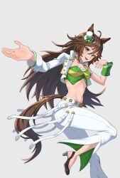 Rule 34 | 1girl, :d, ahoge, animal ears, black footwear, breasts, brown hair, commentary, crop top, cropped jacket, foreshortening, green eyes, green shirt, grey background, hat, high heels, highres, horse ears, jacket, kadokadokado, long hair, long sleeves, looking at viewer, medium breasts, midriff, mini hat, mini top hat, mr. c.b. (umamusume), navel, open mouth, pants, shirt, simple background, single sleeve, smile, solo, stomach, strapless, strapless shirt, tail, thighs, top hat, umamusume, very long hair, white hat, white jacket, white pants