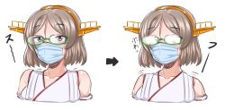 Rule 34 | 1girl, arrow (projectile), before and after, blue eyes, brown hair, comparison, coronavirus pandemic, face, fogged glasses, glasses, headband, headgear, highres, japanese clothes, kantai collection, kirishima (kancolle), mask, medium hair, mouth mask, reizou, solo, surgical mask