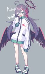 Rule 34 | 1girl, :d, ahoge, black hair, black wings, commentary request, feathered wings, full body, green eyes, grey background, hair ribbon, halo, jacket, long hair, long sleeves, looking at viewer, low twintails, low wings, mikan (ama no hakoniwa), open mouth, original, pink socks, puffy long sleeves, puffy sleeves, red ribbon, ribbon, shoes, short eyebrows, signature, simple background, sleeves past fingers, sleeves past wrists, smile, socks, solo, standing, thick eyebrows, twintails, very long hair, white footwear, white jacket, wings