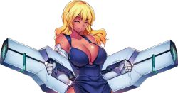 Rule 34 | 1girl, absurdres, bare shoulders, blonde hair, blush, breasts, cleavage, collarbone, dark skin, dark-skinned female, dress, dual wielding, elbow gloves, closed eyes, female focus, freezing (series), gloves, highres, holding, huge filesize, isabella lucas, kim kwang hyun, large breasts, lips, lipstick, long hair, makeup, official art, scan, smile, solo, tan, weapon, white background