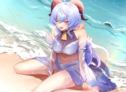 Rule 34 | 1girl, absurdres, ahoge, alternate costume, bare shoulders, beach, bell, blue hair, blush, bow, breasts, detached sleeves, ganyu (genshin impact), genshin impact, goat horns, hair between eyes, hair bow, highres, horns, large breasts, long hair, long sleeves, looking at viewer, navel, neck bell, ocean, one eye closed, open mouth, outdoors, pink bow, ponytail, puffy detached sleeves, puffy long sleeves, puffy sleeves, purple eyes, sand, shadow, sidelocks, sitting, smile, solo, suzunoreiya, swimsuit, water, wet