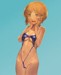 Rule 34 | 10s, 1girl, aos, bare arms, bare legs, bare shoulders, blue background, blue one-piece swimsuit, blush, breasts, brown eyes, cleavage, collarbone, cowboy shot, girls und panzer, hands on own cheeks, hands on own face, light brown hair, looking at viewer, medium breasts, navel, nishizumi miho, one-piece swimsuit, open mouth, partially visible vulva, simple background, slingshot swimsuit, solo, standing, stomach, swimsuit, tareme, thighs, underboob