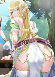 Rule 34 | 1girl, ass, back, bare shoulders, belt, blonde hair, blue eyes, blue sky, blush, breasts, elf, highres, large breasts, long hair, looking back, open mouth, original, pointy ears, shirosuzu, sky, solo focus