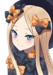 Rule 34 | 1girl, abigail williams (fate), black bow, black dress, black headwear, blonde hair, blue eyes, blush, bow, closed mouth, dress, fate/grand order, fate (series), forehead, hair bow, highres, jd (bibirijd), long hair, looking at viewer, orange bow, parted bangs, polka dot, polka dot bow, simple background, smile, solo, upper body, very long hair, white background