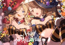 Rule 34 | 2girls, arm warmers, beatrix (granblue fantasy), bikini, bikini top only, black gloves, blonde hair, blue eyes, breasts, brown eyes, candy, candy cane, cleavage, commentary request, feb itk, food, ghost, gloves, granblue fantasy, hairband, halloween, halloween costume, happy halloween, hat, licking, light brown hair, lollipop, medium breasts, medium hair, multiple girls, open mouth, parted bangs, pumpkin, striped bikini, striped clothes, striped legwear, striped thighhighs, swimsuit, thighhighs, tongue, tongue out, twintails, witch hat, zeta (granblue fantasy)