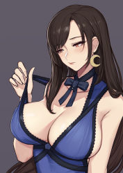 Rule 34 | 1girl, bare shoulders, blue dress, blush, breasts, brown eyes, brown hair, cleavage, closed mouth, collarbone, dress, evan yang, final fantasy, final fantasy vii, final fantasy vii remake, grey background, highres, large breasts, long hair, looking to the side, simple background, solo, square enix, swept bangs, tifa lockhart, wall market