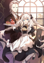 Rule 34 | 1boy, 1girl, :d, alternate costume, apron, aqua eyes, bishounen, blue eyes, butler, cake, drill hair, enmaided, fate/apocrypha, fate/grand order, fate (series), food, french flag, highres, jewelry, jh, karna (fate), long hair, maid, maid apron, marie antoinette (animejapan 2016) (fate), marie antoinette (fate), mini flag, official alternate costume, open mouth, pantyhose, pendant, short hair, silver hair, skirt hold, smile, standing, standing on one leg, tray, tuxedo jacket, twin drills, very long hair, white pantyhose, window
