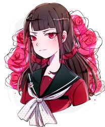 Rule 34 | 1girl, black hair, blood, blunt bangs, closed mouth, collarbone, commentary, cropped shoulders, crying, crying with eyes open, danganronpa (series), danganronpa v3: killing harmony, english commentary, flower, hair ornament, hairclip, harukawa maki, highres, huyandere, long hair, looking at viewer, low twintails, mole, mole under eye, pink blood, pink flower, pink rose, red eyes, red flower, red rose, red scrunchie, red shirt, rose, sailor collar, school uniform, scrunchie, shirt, solo, tears, twintails, upper body, wavy mouth, white background