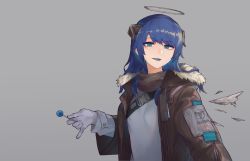 Rule 34 | 1girl, arknights, black jacket, blue eyes, blue hair, blue tongue, candy, colored tongue, commentary request, food, fur-trimmed jacket, fur trim, gloves, grey background, grey shirt, halo, highres, holding, holding food, horns, jacket, lollipop, long hair, long sleeves, looking at viewer, mostima (arknights), ninjunker, open clothes, open jacket, shirt, simple background, solo, tongue, upper body, white gloves