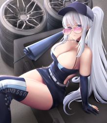 Rule 34 | 1girl, azur lane, blue dress, blue footwear, blue gloves, blue headwear, blush, boots, breasts, cleavage, dress, eko.art, elbow gloves, enterprise (azur lane), enterprise (wind catcher) (azur lane), gloves, highres, large breasts, long hair, looking at viewer, parasol, ponytail, race queen, sitting, sunglasses, thigh boots, thighhighs, thighs, tire, umbrella, white hair