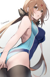 Rule 34 | 1girl, alternate costume, ass, black bow, black thighhighs, blue one-piece swimsuit, bow, brown eyes, brown hair, commentary request, competition swimsuit, cowboy shot, from behind, gradient background, hair bow, hair ornament, hairclip, highres, kantai collection, long hair, low twintails, one-hour drawing challenge, one-piece swimsuit, picoli1313, solo, standing, swimsuit, tashkent (kancolle), thighhighs, twintails, white background