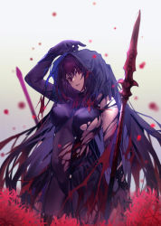 Rule 34 | breasts, fate/grand order, fate (series), flower, gae bolg (fate), highres, hiro (hirohiro gorira), hood, looking at viewer, red eyes, red hair, scathach (fate), solo, spider lily, torn clothes