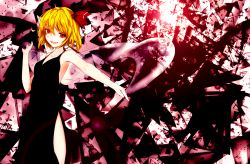 Rule 34 | 1girl, alternate costume, armpits, backless outfit, bad id, bad pixiv id, bare arms, bare shoulders, black dress, blonde hair, collarbone, dress, hagoromo, hair ribbon, highres, lens flare, looking at viewer, open mouth, outstretched arm, red eyes, ribbon, rumia, shards, shattered, shawl, short hair, slit pupils, solo, storia0628, touhou