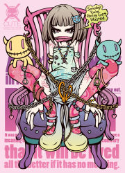 Rule 34 | 1girl, brown hair, chain, chair, cuffs, english text, engrish text, hair ornament, hairpin, handcuffs, heart, highres, jewelry, mary janes, original, pink eyes, pink thighhighs, project.c.k., ranguage, ring, scarf, scissors, shoes, short shorts, shorts, solo, tattoo, thighhighs, unmoving pattern