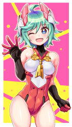 Rule 34 | 1girl, ahoge, azure striker gunvolt, bare shoulders, black gloves, blue eyes, blush, breasts, cougar (cougar1404), elbow gloves, female focus, gloves, green hair, hair between eyes, hand up, headgear, leotard, looking at viewer, one eye closed, open mouth, outside border, pink background, red leotard, roro (gunvolt), shiny skin, small breasts, waving, wink, yellow background