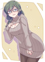 Rule 34 | 1girl, black-framed eyewear, blush, braid, breasts, brown background, brown pantyhose, brown sweater, cleavage, cleavage cutout, clothing cutout, dress, e20, glasses, green eyes, green hair, hair over shoulder, hand up, highres, long hair, long sleeves, looking at viewer, medium breasts, meme attire, open-chest sweater, original, outside border, pantyhose, parted lips, puffy long sleeves, puffy sleeves, ribbed sweater, single braid, sleeves past wrists, solo, sweat, sweater, sweater dress, thick eyebrows, turtleneck, turtleneck sweater