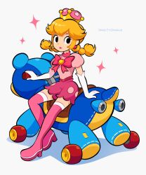Rule 34 | 1girl, artist name, blonde hair, boots, bow, elbow gloves, full body, gloves, highres, knee boots, looking to the side, mario (series), mario kart, mario kart 8, mario kart 8 deluxe, nintendo, peachette, pink bow, pink footwear, pink shirt, pink shorts, puffy short sleeves, puffy sleeves, shirt, short sleeves, short twintails, shorts, simple background, solo, super crown, teddy buggy, twintails, vinny (dingitydingus), white background, white gloves
