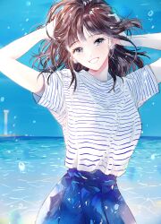 Rule 34 | 1girl, ahma, blue eyes, blue skirt, dot nose, earrings, hand on own head, highres, horizon, jewelry, ocean, original, shirt, skirt, smile, solo, striped clothes, striped shirt, water