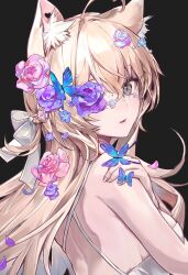 Rule 34 | 1girl, ahoge, animal ear fluff, animal ears, black background, blonde hair, bow, breasts, bug, butterfly, cat ears, cat girl, cropped, crossed bangs, double-parted bangs, dress, flower, grey eyes, hair between eyes, hair bow, hair flower, hair ornament, hand on own shoulder, highres, insect, large breasts, lee jooin, long hair, looking at viewer, open mouth, pink flower, purple flower, simple background, solo, twice12314, upper body, v-lup, very long hair, virtual youtuber, white bow, white dress