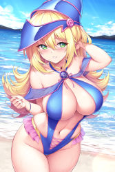 Rule 34 | 1girl, adapted costume, arm up, bare shoulders, beach, blonde hair, blue hat, blue one-piece swimsuit, blush, breasts, casual one-piece swimsuit, center opening, choker, cleavage, commentary, cowboy shot, dark magician girl, day, duel monster, green eyes, groin, hair between eyes, halterneck, hat, highleg, highleg swimsuit, highres, ivenglynn, large breasts, long hair, looking at viewer, navel, ocean, one-piece swimsuit, outdoors, parted lips, skindentation, smile, solo, standing, swimsuit, wet, wizard hat, yellow choker, yu-gi-oh!