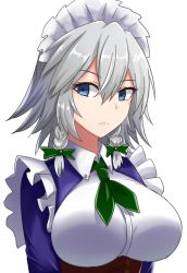 Rule 34 | 1girl, blue eyes, bow, braid, breasts, commentary request, green bow, hair between eyes, hair bow, highres, izayoi sakuya, large breasts, looking at viewer, maid, maid headdress, short hair, silver hair, simple background, solo, touhou, twin braids, upper body, white background, wuwusan