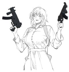 Rule 34 | 1girl, ^ ^, blush, breasts, closed eyes, collared shirt, cowboy shot, dungeon meshi, facing viewer, falin touden, falin touden (tallman), finger on trigger, greyscale, gun, hands up, holding, holding gun, holding weapon, holster, korean commentary, large breasts, long sleeves, monochrome, pleated skirt, shirt, short hair, shoulder holster, simple background, sketch, skirt, smile, solo, wawa (wawawa0080), weapon