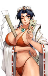 Rule 34 | 1girl, bare shoulders, bikini, bikini top only, black hair, blinking, blue eyes, breasts, carcass (artist), cleavage, closed mouth, downblouse, goggles, goggles on head, huge breasts, japanese clothes, large breasts, lips, long hair, magatama, miko, navel, nipples, ofuda, red bikini, sengoku ace, sengoku blade, simple background, smile, solo, swimsuit, talisman, thick thighs, thighs, togashi koyori, very long hair, white background