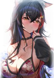 Rule 34 | 1girl, animal ear fluff, animal ears, backlighting, bikini, black choker, black hair, black jacket, blurry, blush, bokeh, breasts, choker, cleavage, collarbone, commentary, depth of field, embarrassed, eyelashes, furrowed brow, hair between eyes, hand on own chest, highres, holding, holding hair, hololive, jacket, large breasts, leaf print, long hair, looking to the side, multicolored hair, official alternate costume, ookami mio, ookami mio (hololive summer 2019), open clothes, open jacket, orange eyes, panda 0035, print bikini, puckered lips, red hair, solo, streaked hair, string bikini, swimsuit, symbol-only commentary, two-tone hair, upper body, virtual youtuber, wet, white bikini, wolf ears, wolf girl