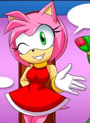 Rule 34 | 1girl, amy rose, arms behind back, dress, gloves, green eyes, hairband, hedgehog girl, highres, looking at viewer, mobian (species), mobius unleashed, one eye closed, palcomix, pink hair, red dress, sleeveless, sleeveless dress, smile, sonic (series), wink