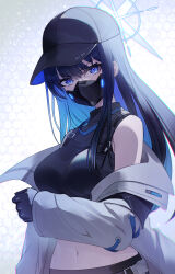 Rule 34 | 1girl, armband, bare shoulders, baseball cap, belt, black belt, black gloves, black hair, black hat, black mask, black pants, black shirt, blue archive, blue eyes, breasts, buckle, check commentary, chest harness, coat, commentary request, covered mouth, cowboy shot, crop top, gloves, halo, harness, hat, highres, honeycomb (pattern), honeycomb background, long hair, long sleeves, looking at viewer, mask, matsumoto tomoyohi, medium breasts, midriff, mouth mask, navel, off shoulder, open clothes, open coat, pants, saori (blue archive), shirt, sleeveless, sleeveless shirt, snap-fit buckle, solo, standing, underbust, white coat