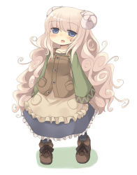 Rule 34 | 1girl, blue eyes, blush, boots, curly hair, dress, horns, long hair, messy hair, nami (cassette), open mouth, original, pink hair, sheep horns, simple background, smile, solo, standing, white background, white hair