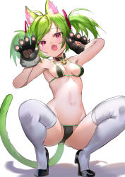 Rule 34 | 1girl, ahoge, alternate costume, animal ears, animal hands, arm up, bare shoulders, bell, bikini, black bikini, black footwear, black gloves, blush, breasts, cameltoe, cat ears, cat girl, cat tail, claws, collar, collarbone, delutaya, diagonal bangs, fang, fangs, female focus, full body, fur-trimmed gloves, fur trim, fuyouchu, gloves, green hair, groin, hair ornament, hand up, head tilt, high heels, indie virtual youtuber, jingle bell, jpeg artifacts, looking at viewer, navel, neck bell, open mouth, paw gloves, paw pose, red eyes, shoes, short hair, simple background, skin fang, skindentation, small breasts, solo, spread legs, squatting, stomach, swimsuit, tail, tail ornament, tail ring, thighhighs, twintails, virtual youtuber, white background, white thighhighs