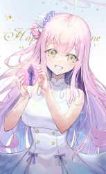 Rule 34 | 1girl, absurdres, blue archive, blush, box, breasts, dress, flower, gift, gift box, grin, hair bun, hair flower, hair ornament, happy valentine, heart-shaped box, highres, holding, holding gift, large breasts, long hair, looking at viewer, mika (blue archive), pink hair, purple flower, single side bun, sleeveless, sleeveless dress, smile, solo, soramiruku, valentine, white dress, yellow eyes
