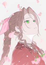 Rule 34 | 1girl, aerith gainsborough, blurry, blurry foreground, braid, braided ponytail, brown hair, cherry blossoms, choker, falling petals, final fantasy, final fantasy vii, final fantasy vii remake, flower choker, gongju s2, green eyes, hair ribbon, highres, jacket, long hair, looking up, parted bangs, parted lips, petals, pink ribbon, red jacket, ribbon, sidelocks, single braid, solo, wavy hair