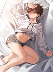 Rule 34 | 1boy, absurdres, bare legs, barefoot, brown hair, commentary request, dolphin shorts, drawstring, foot out of frame, from above, hands on own head, highres, hood, hoodie, long sleeves, looking at viewer, lying, male focus, midriff peek, nayoshi (r-744), on back, original, purple eyes, short shorts, shorts, solo, teeth, white hoodie