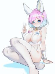 Rule 34 | 1girl, animal ears, bare arms, bare shoulders, blue eyes, blue hair, bra, collar, commission, gradient hair, hair ornament, heoningu, highres, looking at viewer, multicolored hair, no shoes, original, panties, pink hair, short hair, simple background, sitting, solo, star (symbol), star hair ornament, thighhighs, underwear, underwear only, v, white background, white bra, white collar, white panties, white thighhighs, wrist cuffs
