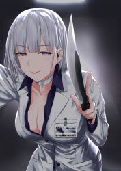 Rule 34 | 1girl, breasts, business suit, cleavage, closed mouth, collarbone, formal, girls&#039; frontline, headphones, highres, holding, holding knife, knife, lips, looking at viewer, medium breasts, medium hair, purple eyes, rpk-16 (girls&#039; frontline), rpk-16 (renate) (girls&#039; frontline), sam desu, silver hair, simple background, smirk, solo, suit, white suit