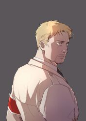 Rule 34 | 1boy, armband, black necktie, blonde hair, connected beard, facial hair, from side, grey background, halorane, highres, korean commentary, long sleeves, looking to the side, male focus, mature male, mustache, necktie, parted lips, red armband, reiner braun, shingeki no kyojin, shirt, short hair, simple background, solo, tears, tears from one eye, upper body, white shirt