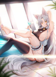 Rule 34 | 1girl, absurdres, animal ear fluff, animal ears, areola slip, arm behind head, arm up, armpits, barefoot, black thighhighs, blurry, blurry foreground, blush, breasts, bridal garter, drink, eun soyeon (lustyfox), feet, fox ears, fox girl, fox tail, frilled skirt, frills, from side, grey hair, heart, highres, holding, holding drink, large breasts, leaning back, leg up, light censor, long hair, looking at viewer, maid, mole, mole on thigh, mole under eye, on floor, original, parted bangs, parted lips, picter, sideboob, sidelocks, single thighhigh, sitting, skirt, solo, sunlight, tail, thighhighs, thighs, thong, toes, wet, white tail, yellow eyes