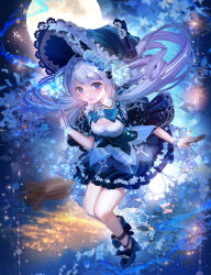 Rule 34 | 1girl, blue bow, blue bowtie, blue eyes, blue flower, blue footwear, blue hat, blue jacket, blue skirt, blue theme, blush, bow, bowtie, bracelet, breasts, city lights, collared shirt, floating, floating hair, flower, frilled headwear, full body, full moon, glowing, hair flower, hair ornament, hat, high heels, highres, holding, holding wand, jacket, jewelry, komorihikki, legs together, long hair, long sleeves, looking at viewer, miniskirt, moon, open clothes, open jacket, original, parted lips, pleated skirt, raised eyebrows, shirt, sidelocks, skirt, small breasts, smile, solo, star (symbol), swept bangs, thighs, wand, white hair, white shirt, witch hat