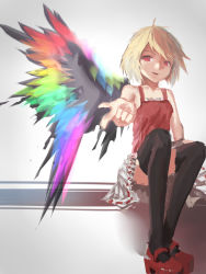 Rule 34 | &gt;:d, 1girl, :d, absurdres, alternate costume, alternate hairstyle, alternate wings, asymmetrical wings, bare shoulders, black thighhighs, blonde hair, flandre scarlet, highres, koog, looking at viewer, mary janes, open mouth, pointing, pointing at viewer, red shirt, shirt, shoes, short hair, single wing, sitting, skirt, skirt set, sleeveless, sleeveless shirt, smile, solo, thighhighs, touhou, v-shaped eyebrows, white skirt, wings, zettai ryouiki