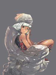Rule 34 | 1girl, absurdres, bad id, bad pixiv id, bare arms, bare shoulders, female focus, full body, green eyes, grey background, hat, highres, legs together, looking at viewer, looking to the side, original, red footwear, rumo, short hair, silver hair, simple background, sitting, solo