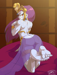 Rule 34 | 1girl, alternate costume, armor, ass, back, backless outfit, bare back, barefoot, bikini armor, blue skirt, bracelet, breasts, butt crack, commission, earrings, egyptian clothes, eric toner, feet, full body, g-string, grin, hair down, harem outfit, highres, jewelry, legs together, lipstick, long hair, looking back, makeup, nail polish, neck ring, pillow, purple hair, purple lips, red eyes, risky boots, sarong, see-through, shantae (series), skirt, smile, soles, solo, thigh strap, thong, toenail polish, toenails, toes
