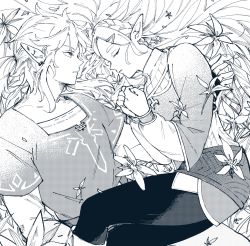 Rule 34 | 1boy, 1girl, black pants, closed eyes, cowboy shot, earrings, field, flower, flower field, greyscale, hair flower, hair ornament, highres, jewelry, link, long hair, long sleeves, looking at another, low ponytail, medium hair, monochrome, nintendo, own hands together, pants, parted bangs, pointy ears, princess zelda, sidelocks, silent princess, ten 1397xx, the legend of zelda, the legend of zelda: breath of the wild, thick eyebrows, tunic