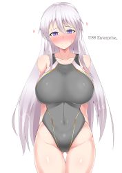 Rule 34 | 1girl, aki (akiiiiiiiii1875), arms behind back, azur lane, bare shoulders, blush, breasts, character name, commentary request, competition swimsuit, covered navel, cowboy shot, embarrassed, enterprise (azur lane), gluteal fold, highres, large breasts, long hair, one-piece swimsuit, purple eyes, silver hair, solo, standing, swimsuit, thighs, white background