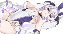 Rule 34 | 1girl, bare shoulders, choker, gloves, leotard, playboy bunny, purple eyes, solo, tongue, tongue out, twintails, white gloves, white hair, yagita (astronomie)